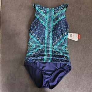 Jantzen navy Grace High Neck H-back One Piece women's size 6 2 tone Swimsuit